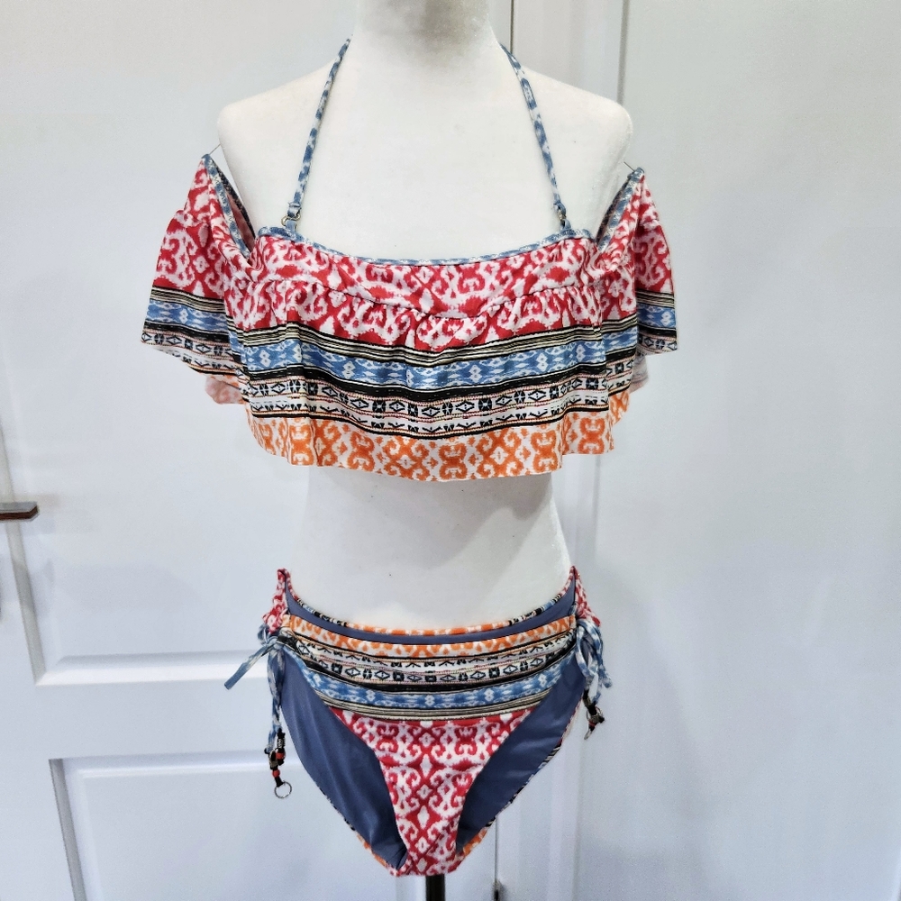 Becca by Rebecca Virtue Bora Bora Two Piece Off-the-Shoulder Ruffle Bikini L